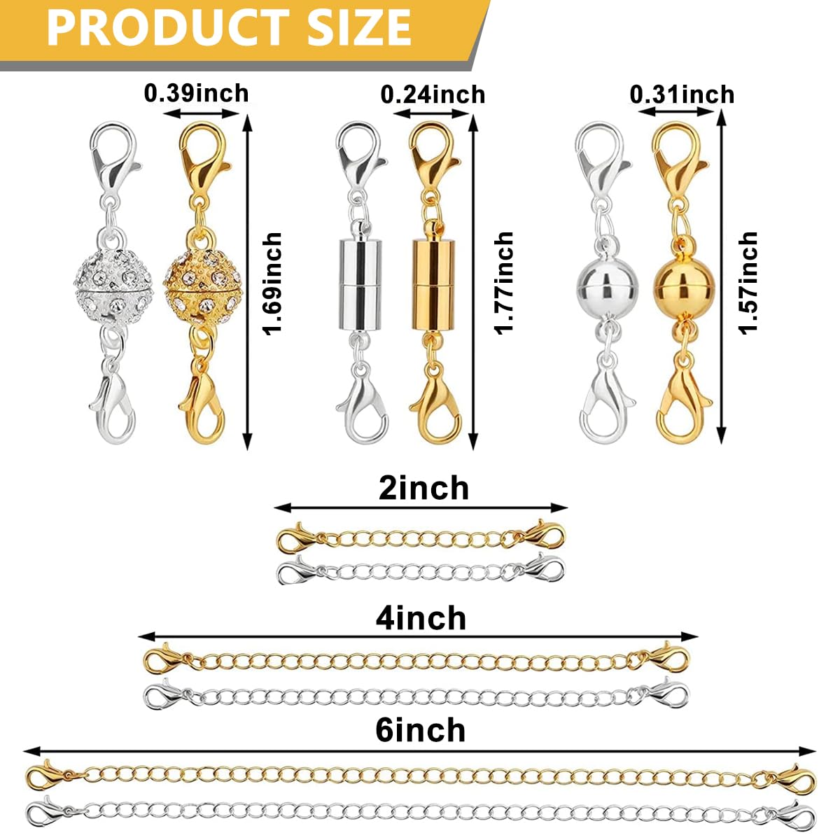 MAYCREATE Golden & Sliver 12 Pcs Necklace Extender and Lobster Clasps Combo Set,3 Style Jewelry Clasp,6 Bracelet Extenders for Jewelry,Necklace & Bracelet