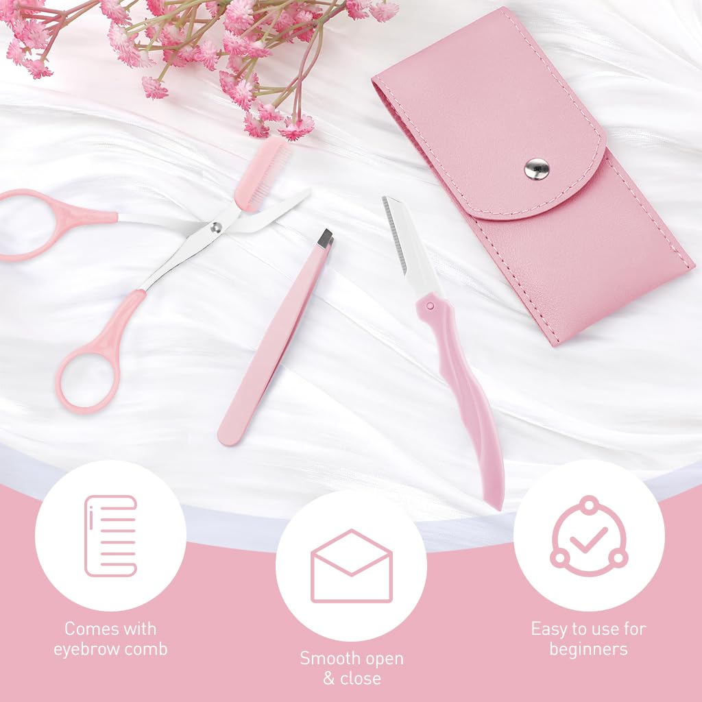 MAYCREATE 3Pcs Eye Brow Scissor Eyebrow Removal Tweezer Eyebrow Trimmer Razor Facial Hair Shaper Eyebrow Trimming Make Up Tool with PU Leather Case Shave and Hair Removal, Pink