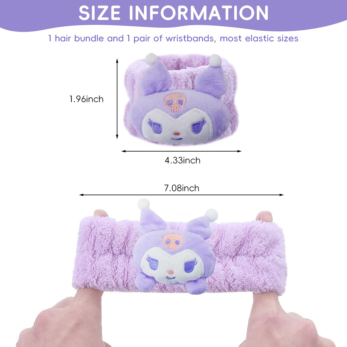 MAYCREATE Kuromi Spa Headband for Skincare with Elastic Plush 3Pcs Set | Face Wash & Makeup