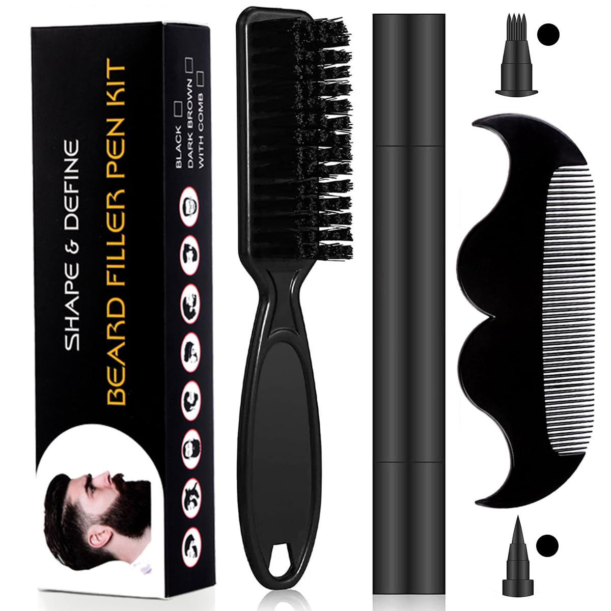 MAYCREATE Barber Beard Pencil Filler for Men Dual Tip 2 in 1 Beard Pencil with Comb & Brush for Beard Styling, Sweat Proof Beard Pencil Filler Mustache Kit for Men Beard, Mustache, Eyebrows (dark)