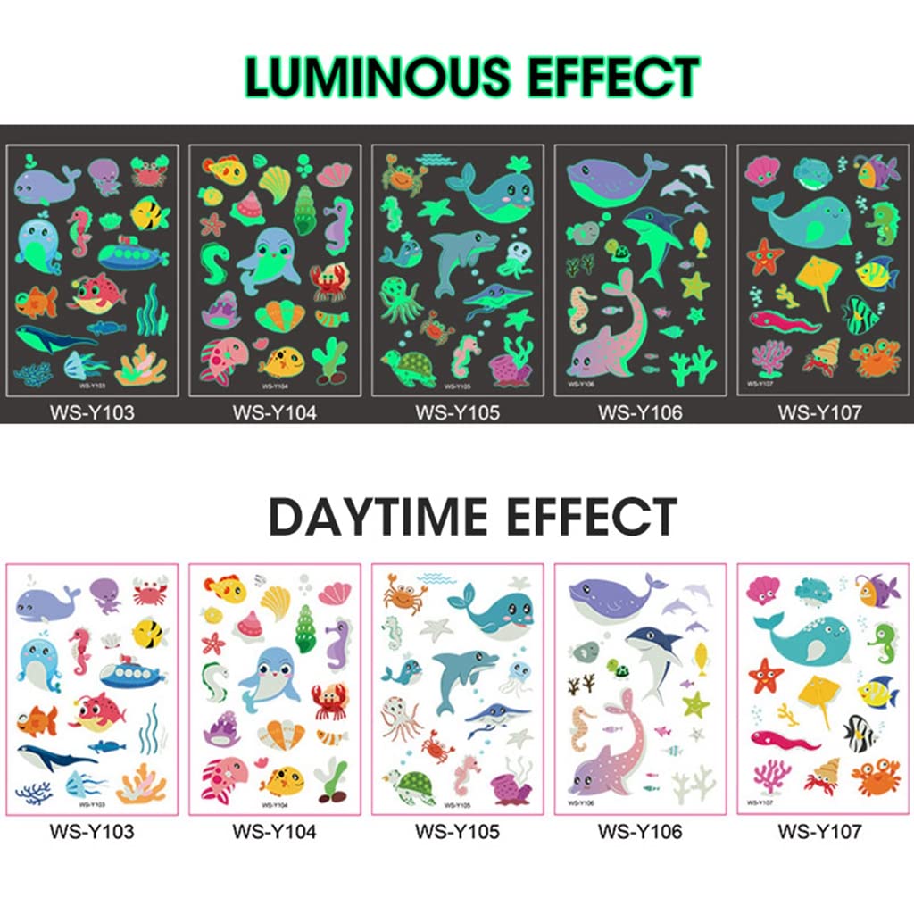MAYCREATE 10 Sheet Kids Tattoo Sticker Night Glowing Tattoo Sticker, Cartoon Animals Theme Sticker Waterproof Temporary Tattoos for Birthday Parties, Group Activities, Cartoon Tattoo Sticker