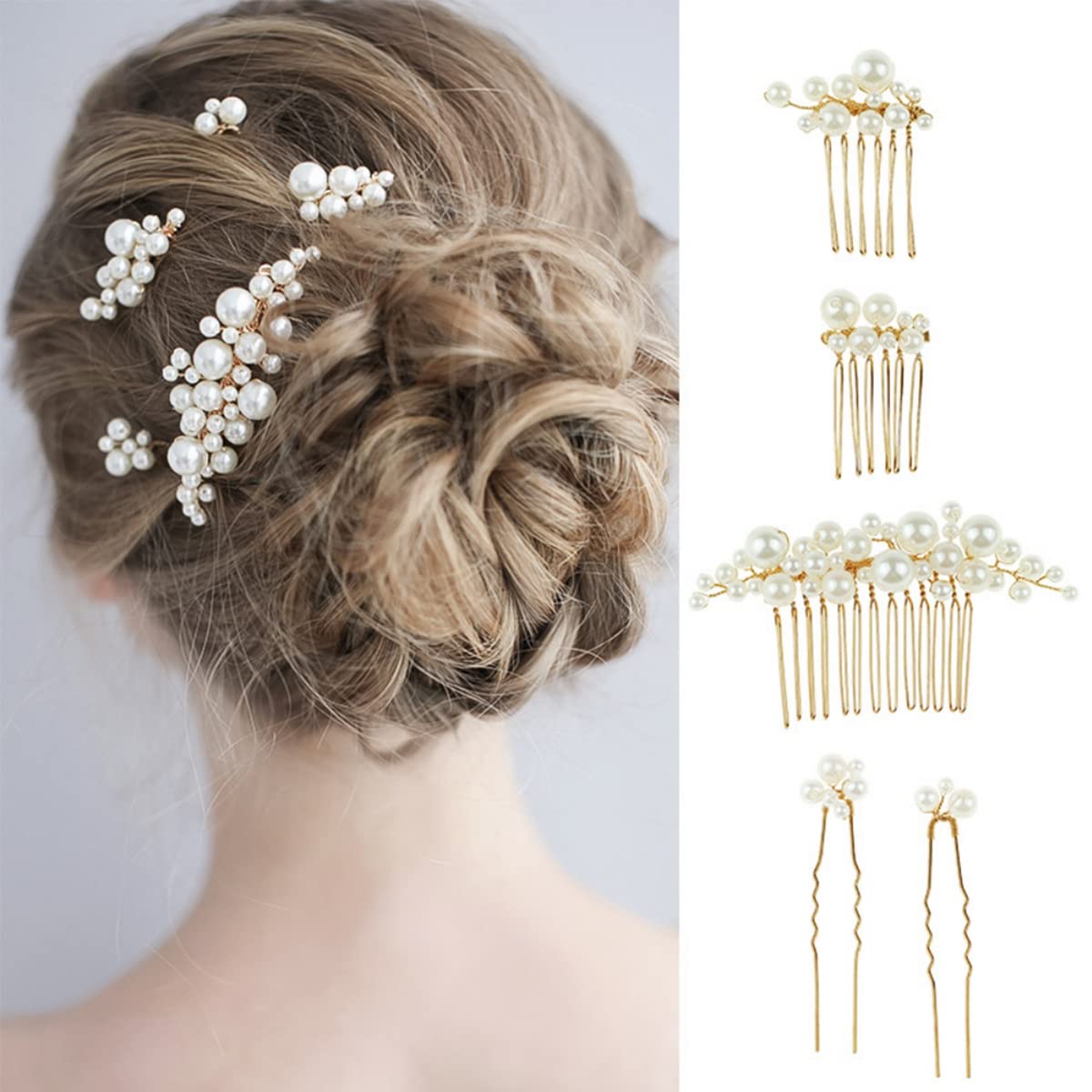 MAYCREATE 5Pcs Bridal Hair Accessories for Women,Stylish Hair Comb Clips Hair Pins for Women and Girls,party Bridesmaid Faux Pearl Hair Bun Pins Hair Jewellery