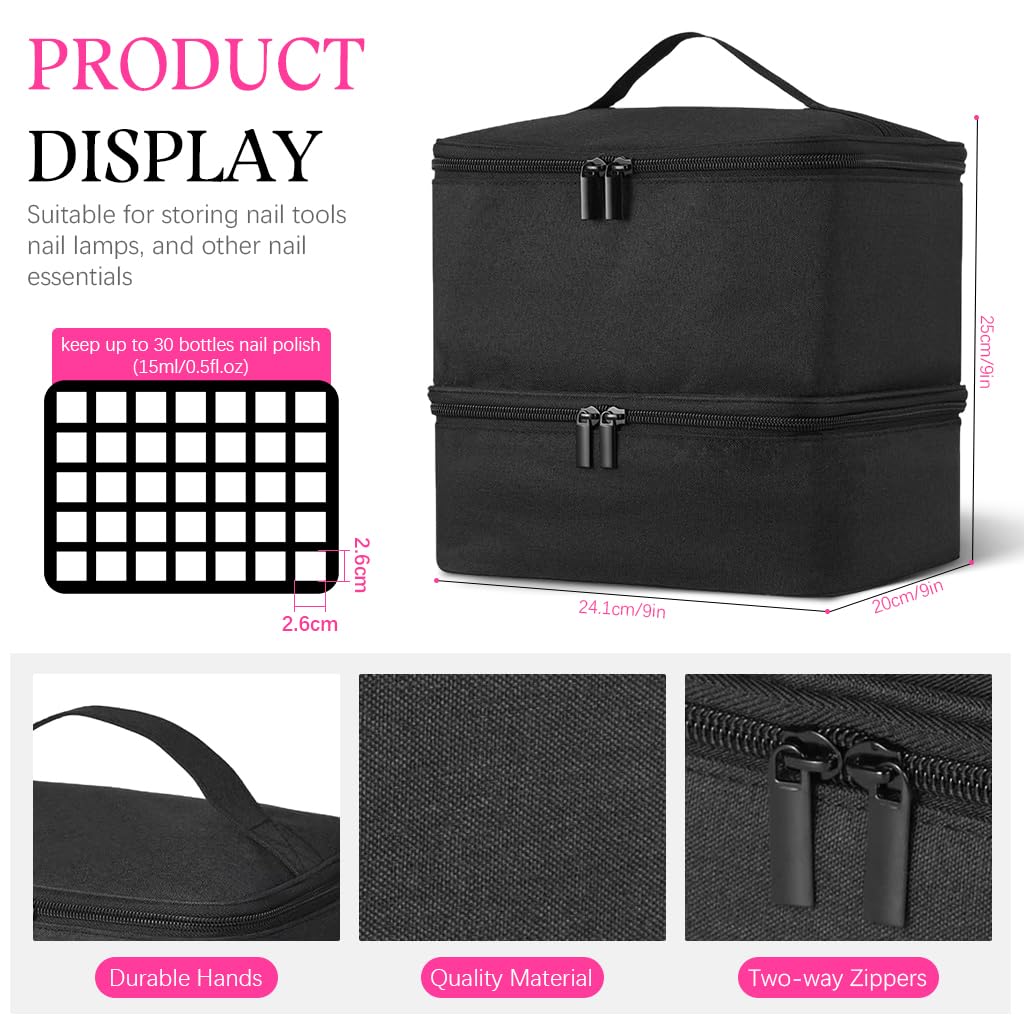 MAYCREATE Nail Polish Organizer Box for Travel with 30 Bottles 15ml Capacity | Double Layer Portable Makeup Bag