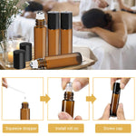 MAYCREATE Glass Roller Bottles for Essential Oils 15 pcs 10 ml featuring Stainless Steel Roller Bead and Amber Glass | Includes Funnel & Cap Opener