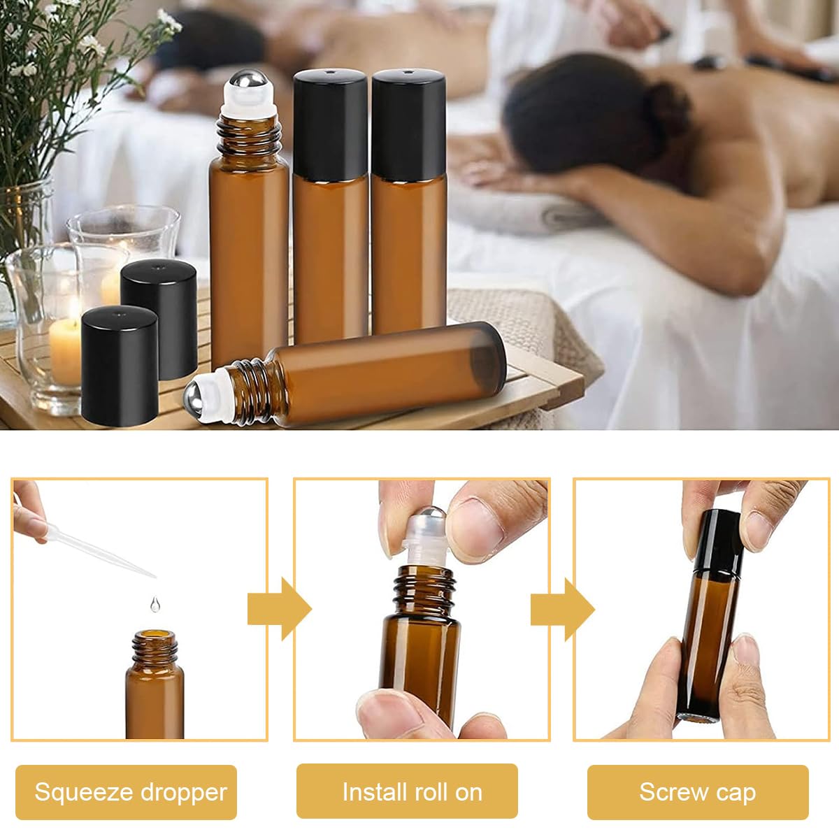 MAYCREATE 15Pcs Glass Roller Bottles with Cap Stainless Steel Roller Bead Glass Roller Bottle 10ml Travel Bottles for Coconut oil, Jojoba Oil, Sweet Almond Oil, With Funnel & Cap Opener Tool