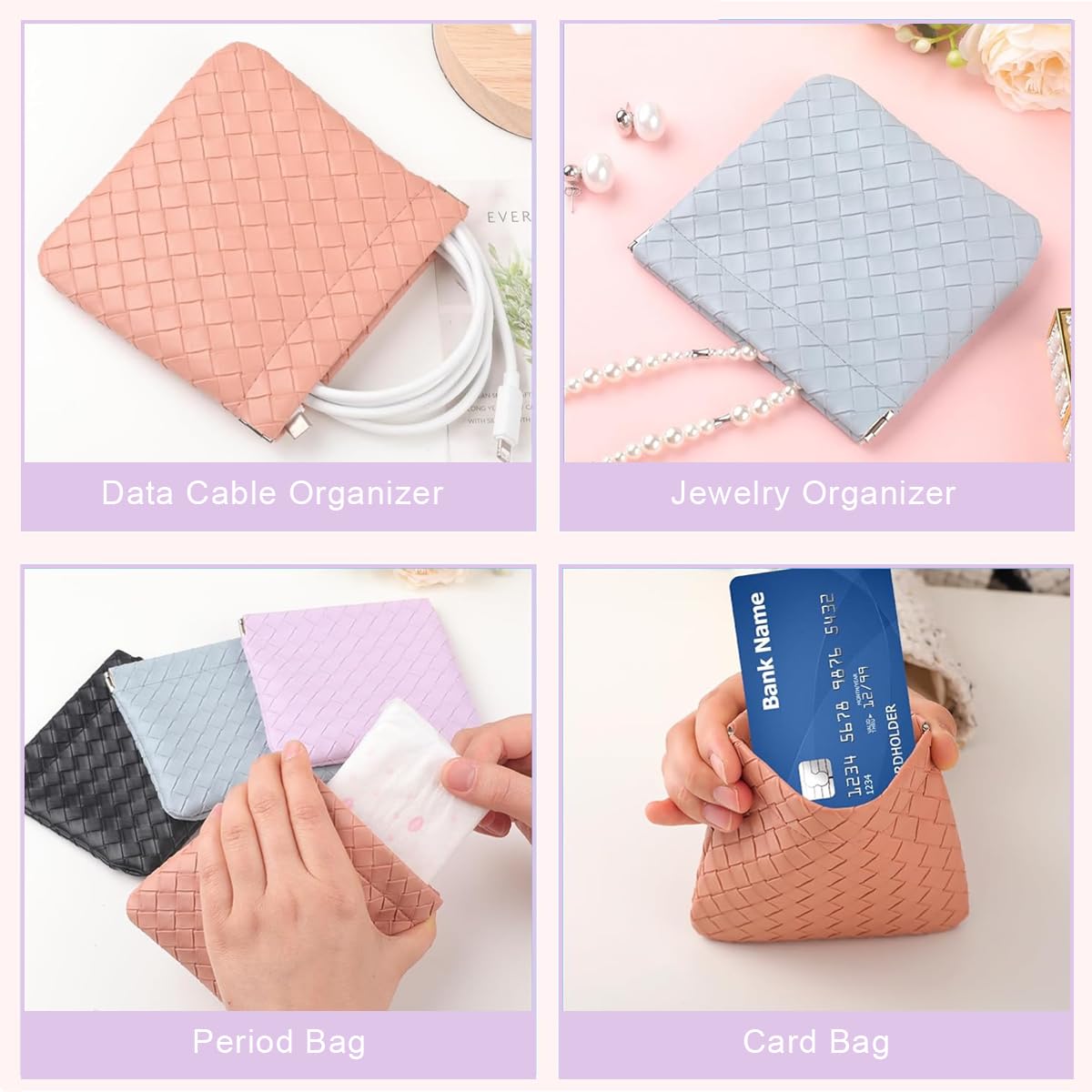 MAYCREATE 4Pcs Small Makeup Pouch Small Pouches Makeup Bag Mini PU Leather Cosmetic Bag Weave Makeup Pouches for Women Pocket Purse for Coin Lipstick Jewelry Organizer