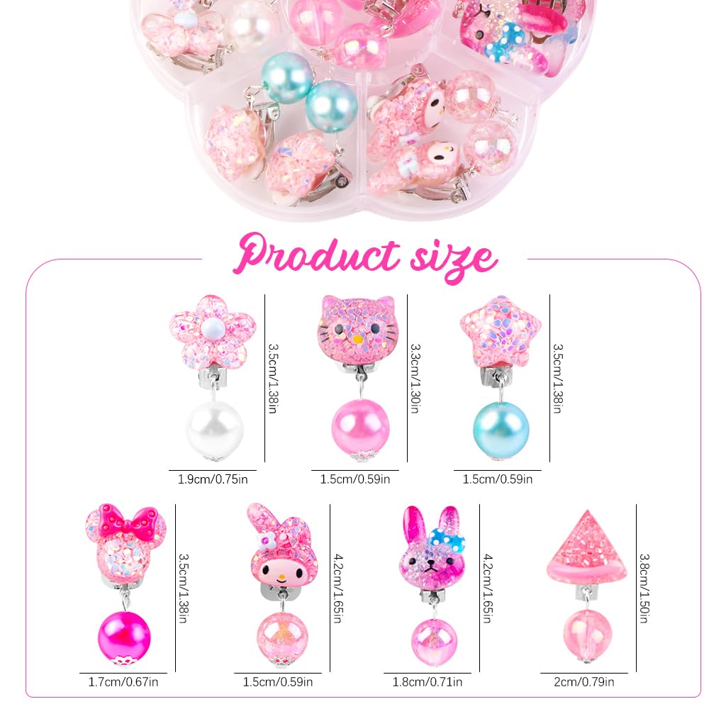 MAYCREATE 7 Pairs Kawaii Girls Earrings Non-piercing Pink Cartoon Kitty Earrings Charming Resin Clip On Earrings for Girls Kawaii Fashion Girls Clip On Earrings Jewelry Gift for Girls