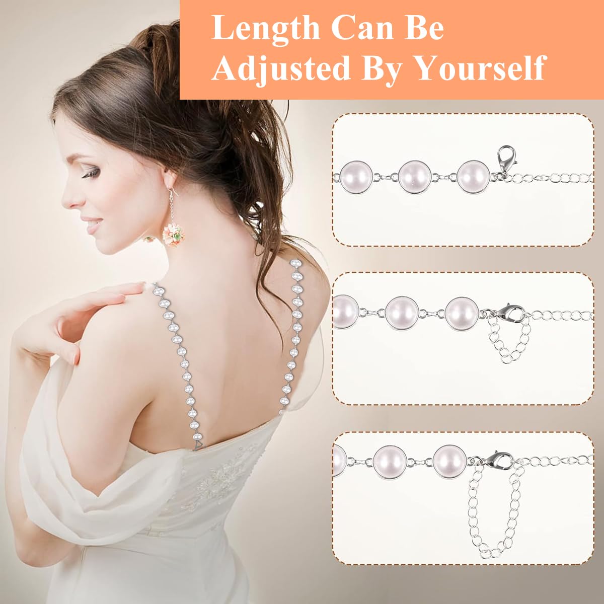 MAYCREATE Pearl Bra Straps for Women, Metal Underwear Bra Strap for Strapless Dress, Fashion Adjustable Replacement Shoulder Strap for Evening Dress, Bra Tops Dress - 1 Pair