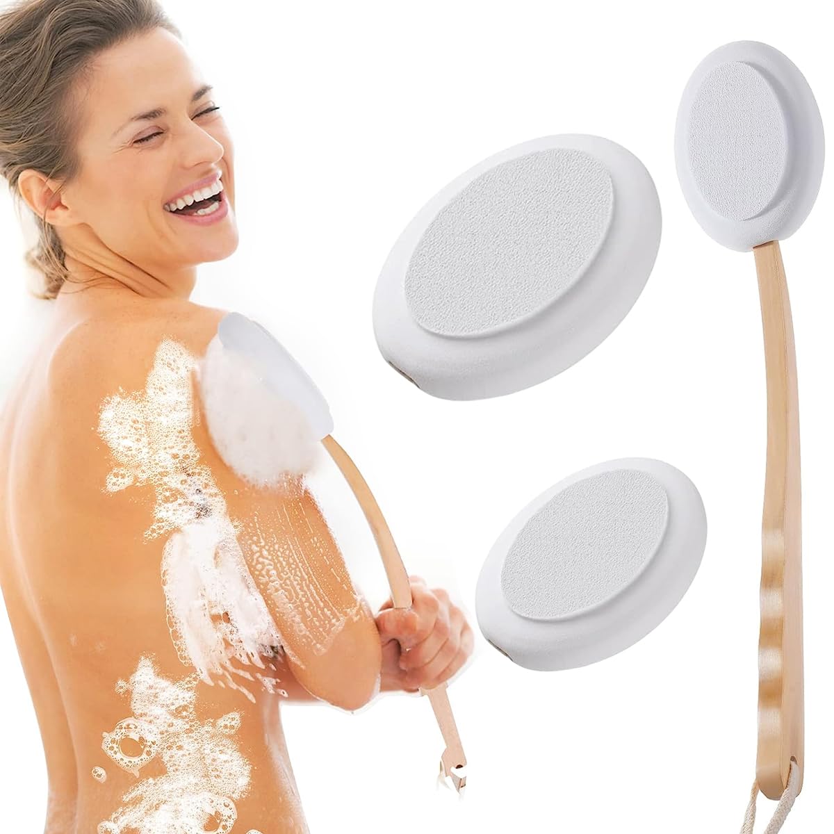 MAYCREATE Lotion Applicator for Back with 17 in Wooden Handle and 3 Replaceable EVA Heads | Bath and Shower Brush