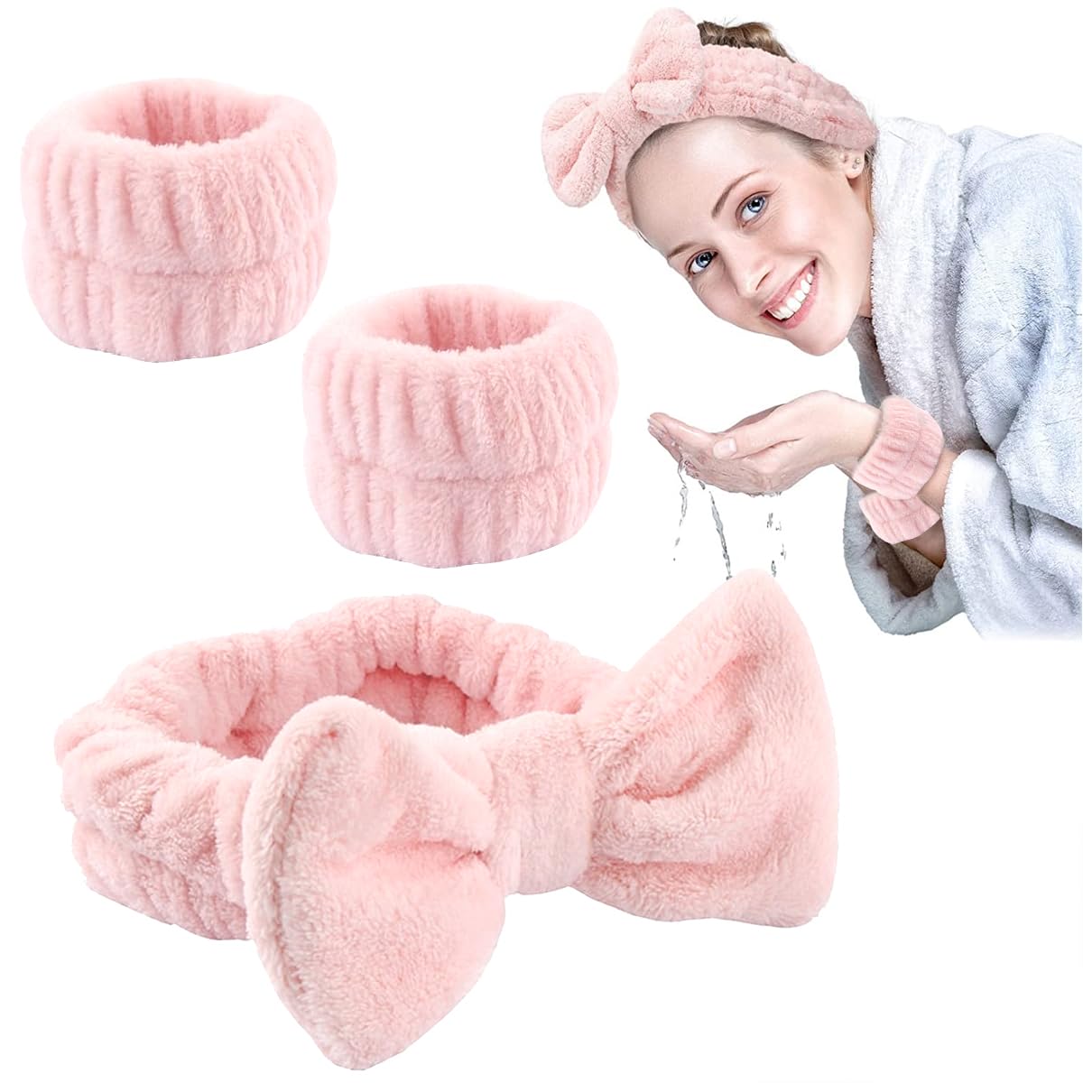 MAYCREATE Face Wash Headband & Wristband Set, Soft Stretchy Bowknot Headband for Women Girls, Flannel Super Absorbent Sweat Wrist Towel Band for Washing Face, Makeup, Yoga, Fitness (Pink)