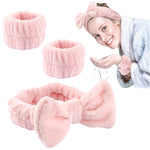 MAYCREATE Face Wash Headband & Wristband Set, Soft Stretchy Bowknot Headband for Women Girls, Flannel Super Absorbent Sweat Wrist Towel Band for Washing Face, Makeup, Yoga, Fitness (Pink)