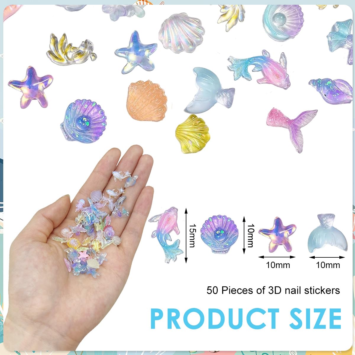 MAYCREATE Nail Resin Charms for Summer Beach DIY Crafts featuring 50PCS 3D Mermaid and Seashell Designs | Multicolor Ocean Theme