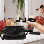 MAYCREATE Cosmetic Bag for Travel with Double Layer Brush Holders and 25×15×16 cm PU Leather Design | Black Makeup Organizer