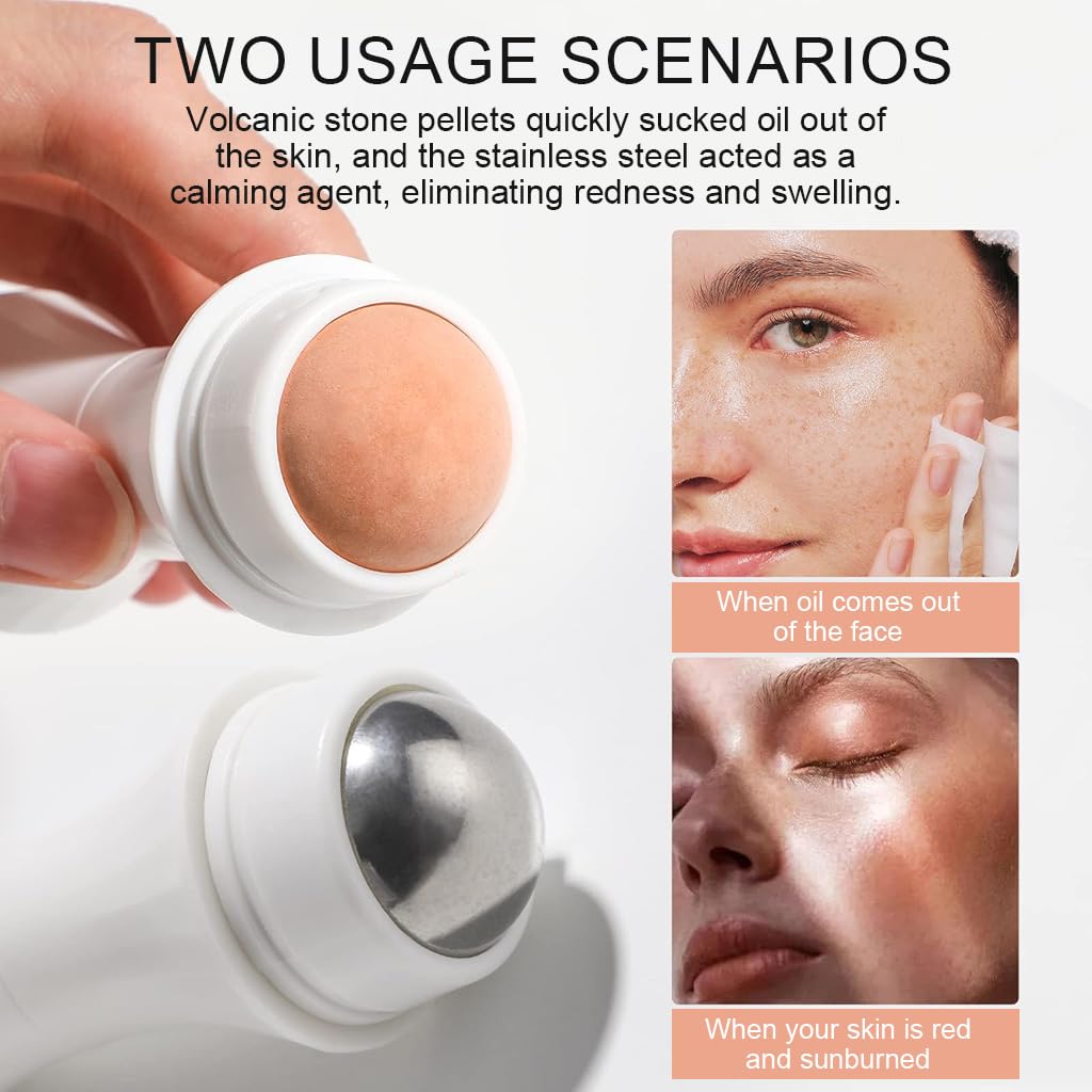 MAYCREATE 2Pcs Oil Absorbing Roller Blotting Paper for Oily Skin, Volcanic Stone Face Roller Oil Blotting Sheets for Face, Dual Head Natural Minerals Oil Control Facial Roller for Skin Massage