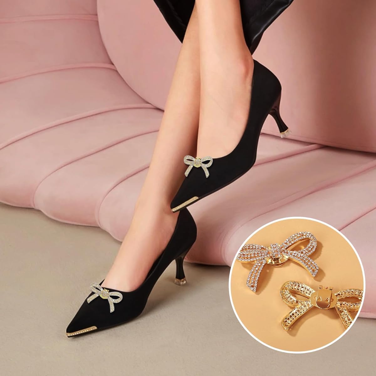 MAYCREATE Shoe Charms for High Heels featuring Detachable Clip On Bow Design in Gold | 2Pcs