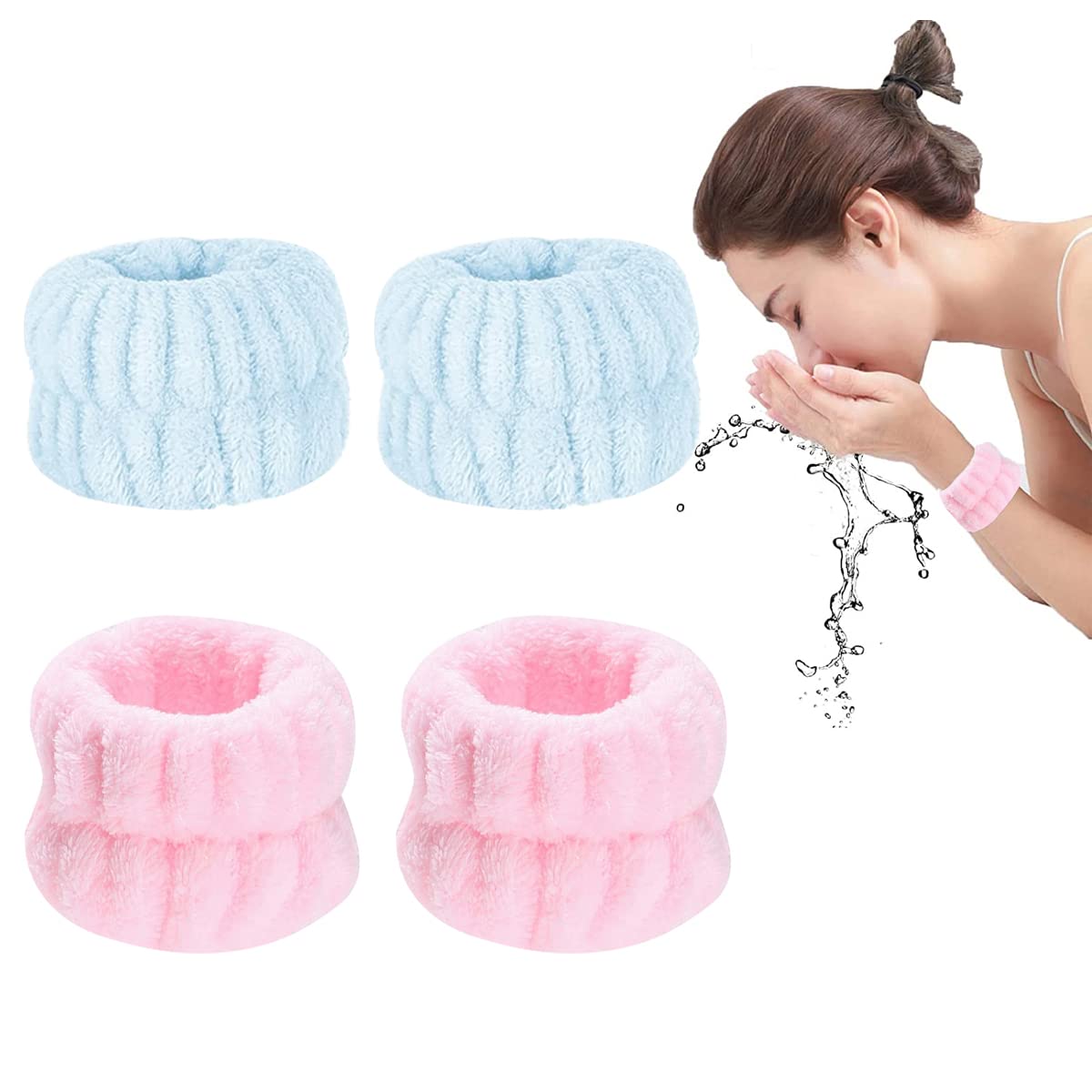 MAYCREATE 2 Pairs Wrist Spa Washband Microfiber Wrist Wash Towel Band Wristband for Washing Face Absorbent Wrist Sweatband for Women Girls, Prevent Liquid from Spilling (Blue+Pink)