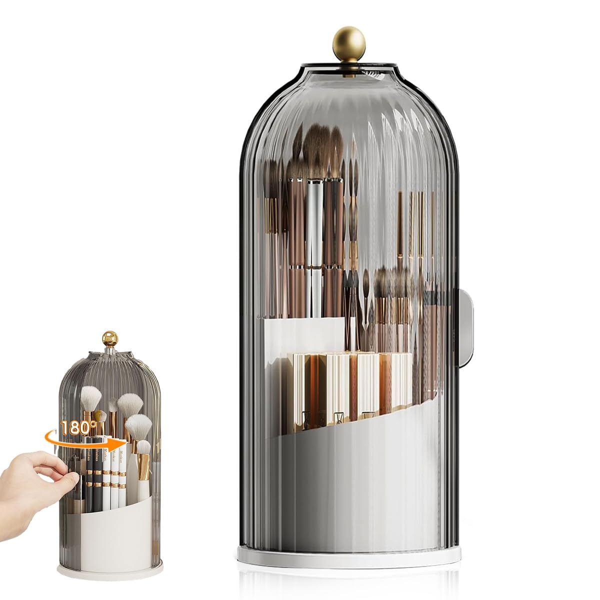 MAYCREATE Makeup Brush Holder for Vanity with 360° Rotatable 3 Grid Design | Grey Plastic Organizer 12.2×27 cm