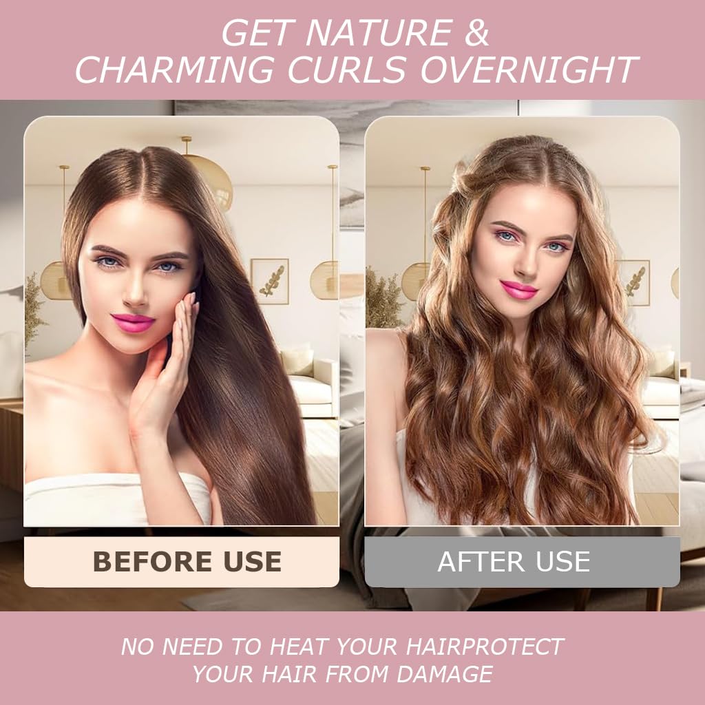 MAYCREATE Heatless Hair Curlers Set for Overnight Styling with Dual Hook & Satin Headscarf | 3pcs Pink Curling Rods for Women