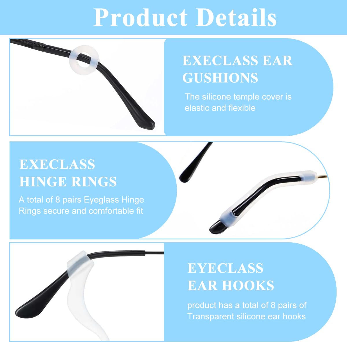 MAYCREATE Eyeglasses Retainer Set 50PCS with 3 Nose Pad Designs and Silicone Ear Grips | Anti Slip Comfort for Sunglasses and Reading Glasses