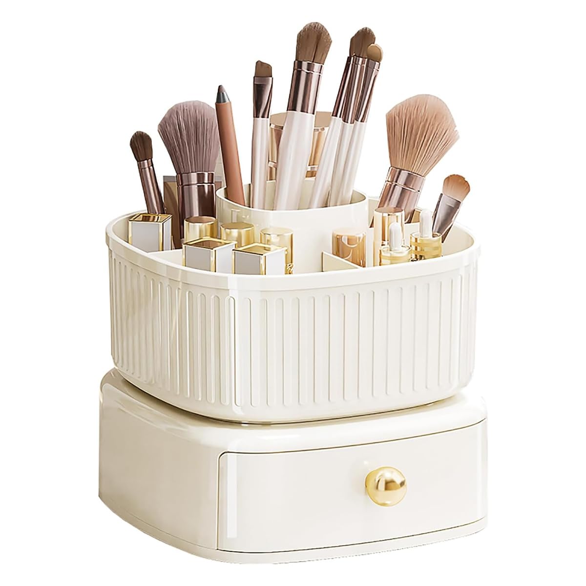 MAYCREATE Makeup Organizer Box for Vanity with 360° Rotating Holder and Drawer | Ivory ABS Storage