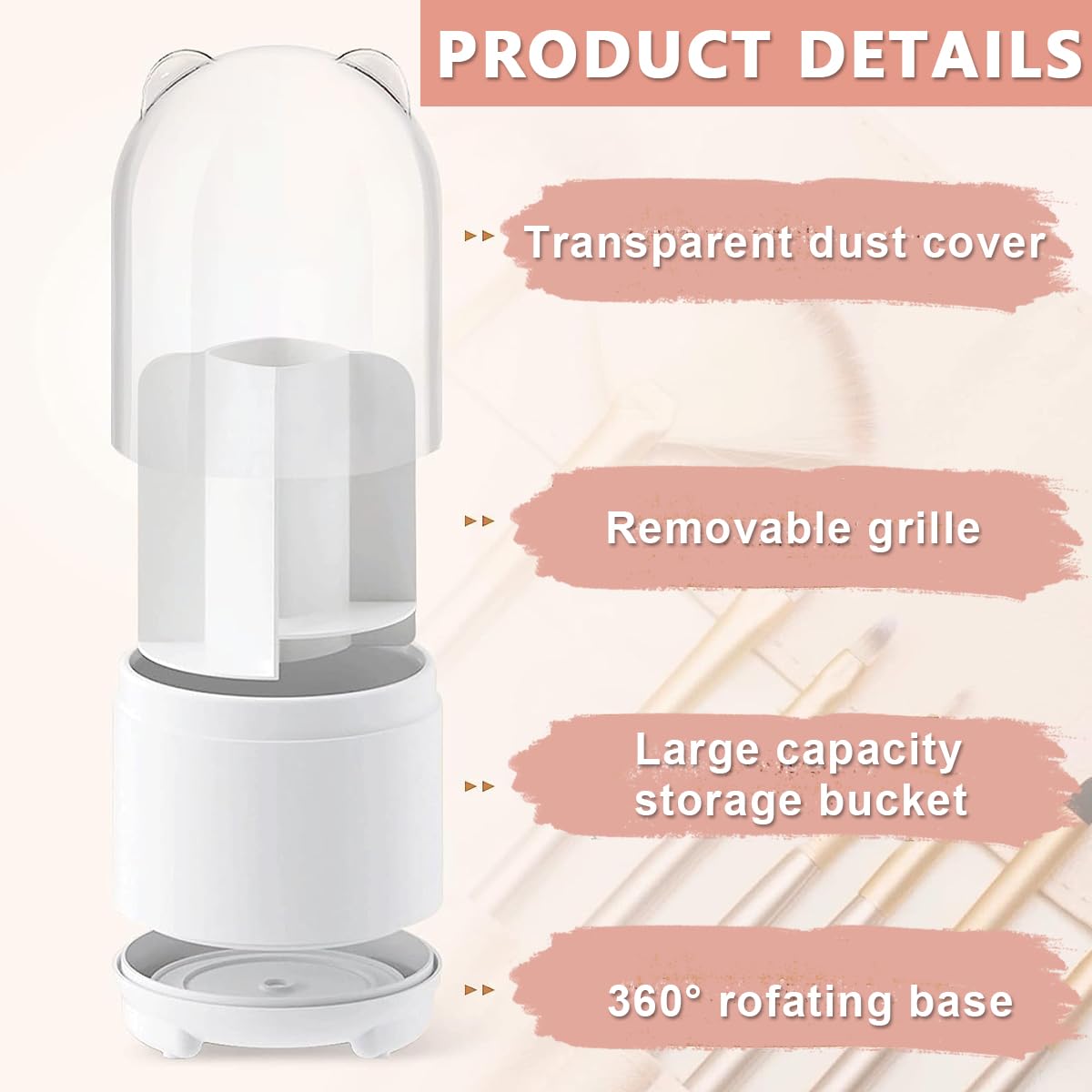 MAYCREATE Makeup Brush Holder Organizer with Clear Lid, 360° Rotatable 5-Slots Make Up Brushes Storage Container Dustproof Stand for Vanity Desktop Bathroom