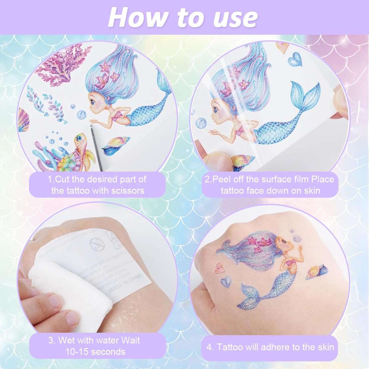 MAYCREATE Temporary Tattoo Stickers for Kids with Waterproof Design and 4 Sheet Set | Cute Mermaid Party Makeup Tattoos