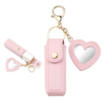 MAYCREATE Lipstick Holder Keychain, PU Lipstick Case Holder Key Chain with Heart Shape Mirror, Portable Chapstick Keychains Sleeve, Travel Lip Balm Organizer for Women Girls (Pink)