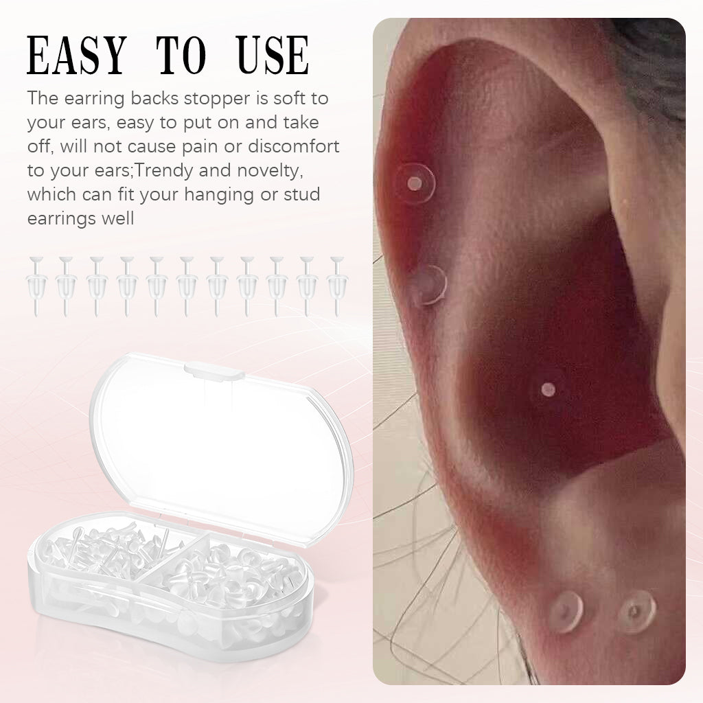 MAYCREATE 100Pcs Clear Earrings for Sports, Plastic Earrings for Women Kids, with Earbacks, Ear Piercings Retainers, Invisible Stud Earrings and Soft Rubber Earring Backs Kit for Sensitive Ears