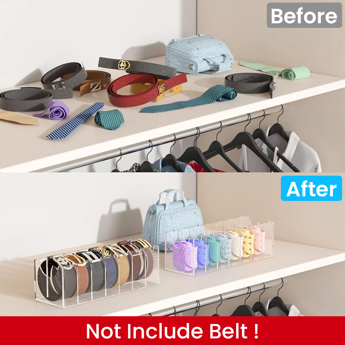 MAYCREATE Belt Organizer, Acrylic 7-Compartments Belt Container Storage Holder, Clear Belt Container Display Holder for Closet Tie and Bow Watch Jewelry Bracelets Ring Cosmetic