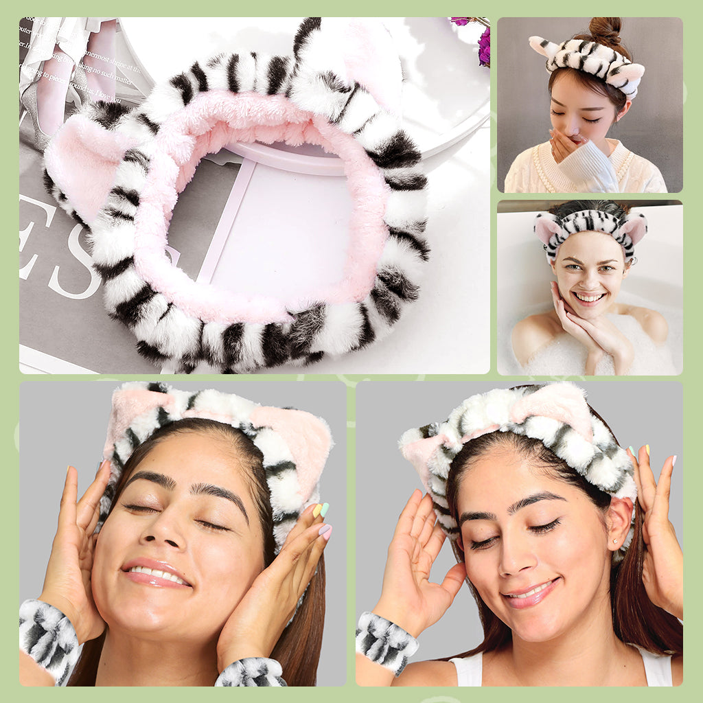 MAYCREATE Spa Headband for Women, Set of 3Pcs Wristband Hair Band for Women Stylish, Cute Cat Ear Hairbands for Women Face Wash, Stretchy Head Band & Wrist Band Combo for Face Washing, Makeup