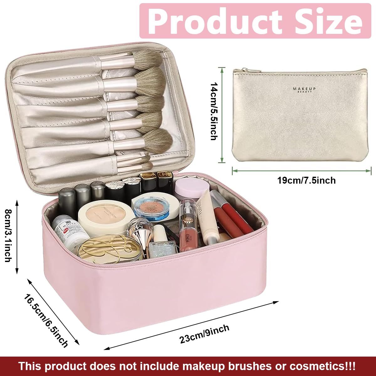 MAYCREATE Cosmetic Travel Bag for Women with Double Layer Wet Dry Separation | Pink PU 22.5×13×16cm Makeup Organizer