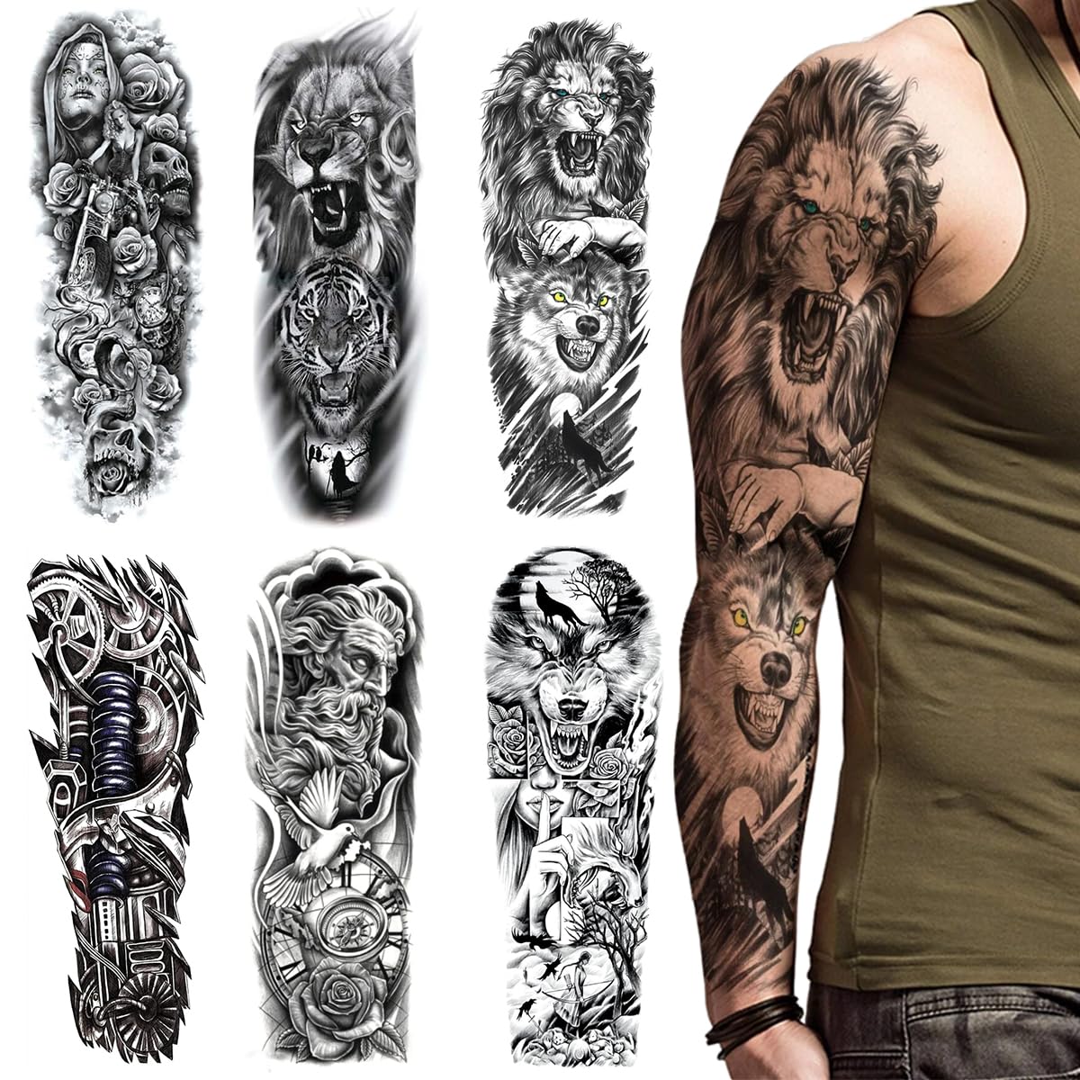 MAYCREATE Temporary Tattoo for Men with 6 Large 48cm x 17cm Sheets | Waterproof & Hypoallergenic