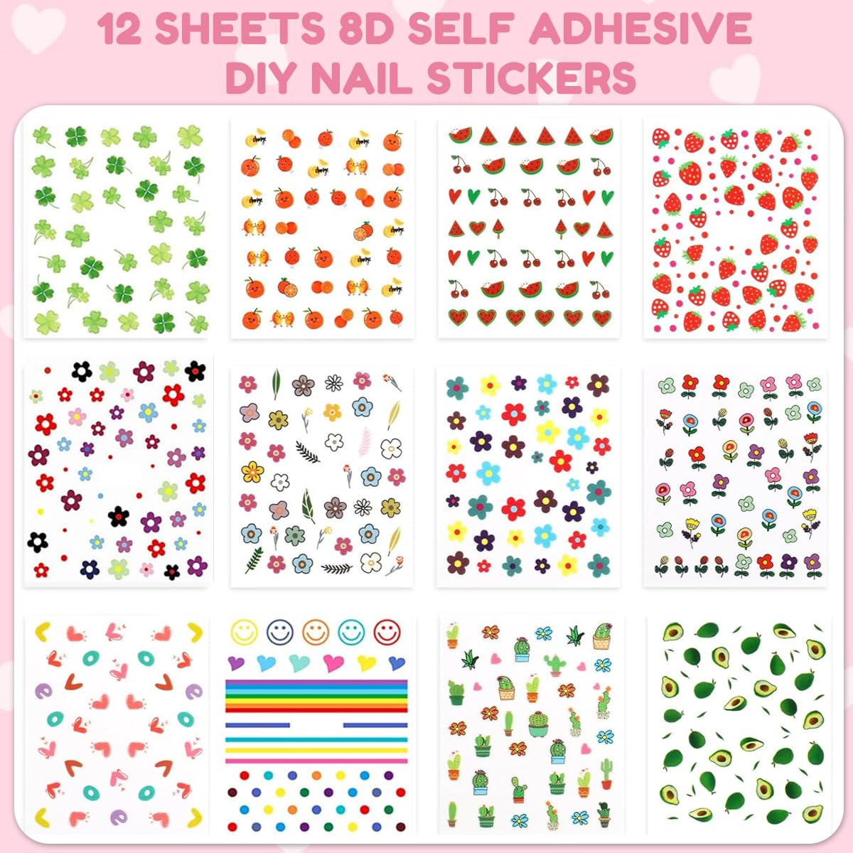 MAYCREATE Nail Stickers for Kids with 12 Self-Adhesive Sheets featuring Fruits and Flowers | DIY Nail Art for Girls and Toddlers