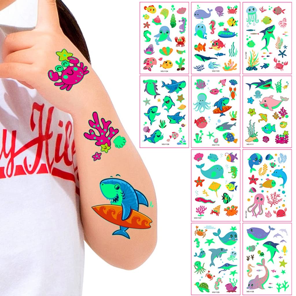 MAYCREATE 10 Sheet Kids Tattoo Sticker Night Glowing Tattoo Sticker, Cartoon Animals Theme Sticker Waterproof Temporary Tattoos for Birthday Parties, Group Activities, Cartoon Tattoo Sticker