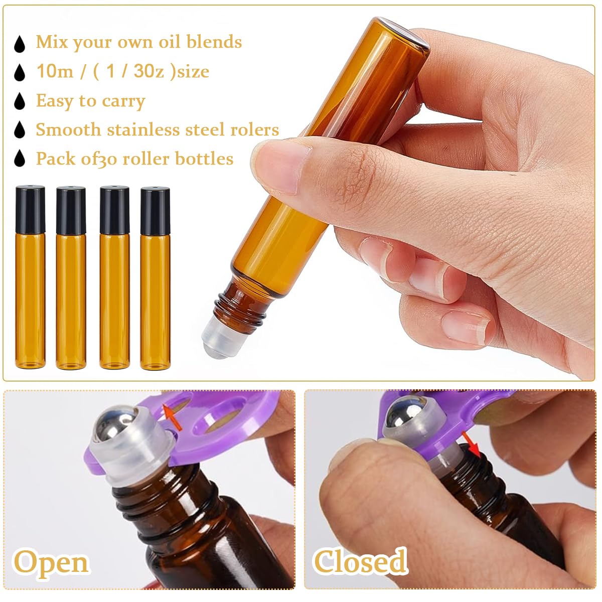 MAYCREATE Glass Roller Bottles for Essential Oils 15 pcs 10 ml featuring Stainless Steel Roller Bead and Amber Glass | Includes Funnel & Cap Opener