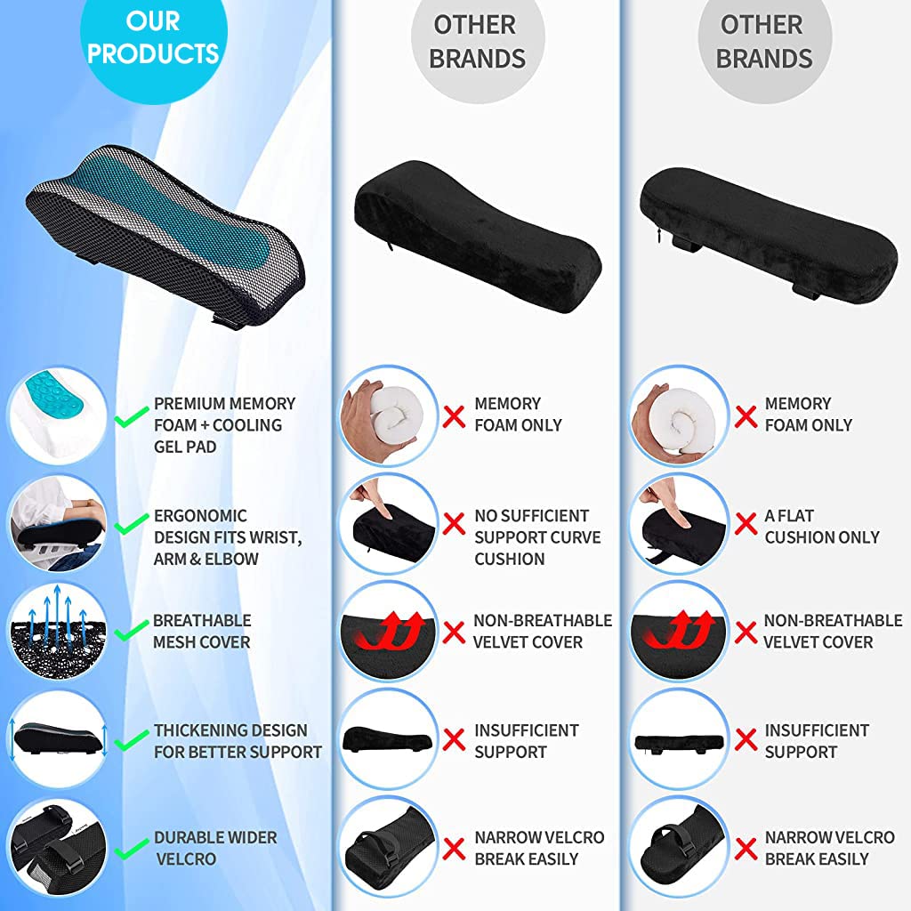 MAYCREATE 2 Pcs Office & Gaming Chair Memory Foam Armrest Cover Cooling Gel with Ergonomic Elbow Pillow,Pads Pressure Relief Thick Arm Support Cushion