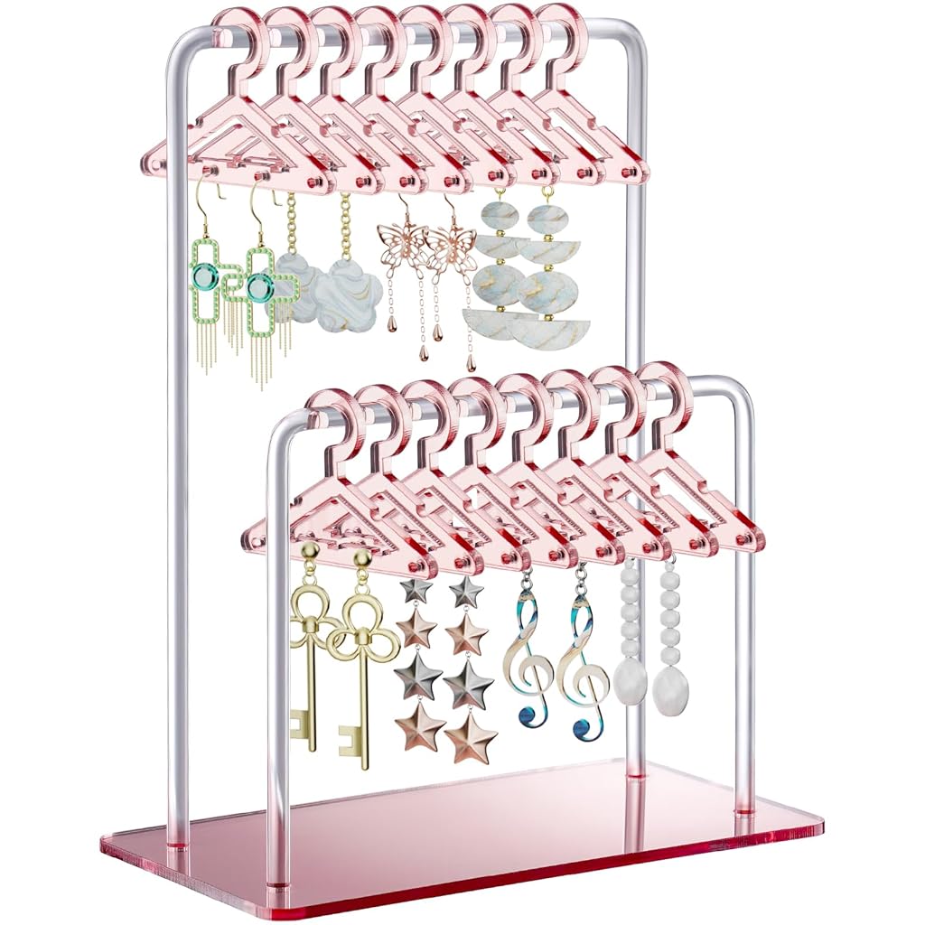 MAYCREATE® Earring Organizer Stand with 16Pcs Mini Hangers Holds 32 Pairs Earrings Pink Acrylic Open Double Layer Open Earring Organizer for Dangle Earrings, Loop Earrings, Ear Studs