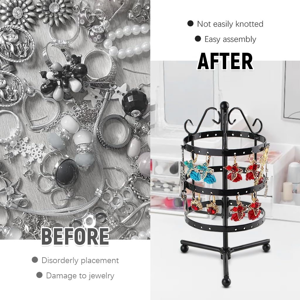 MAYCREATE Hoop Earrings Organizer for Women, 3 Tier Rotating Earring Organizer Box Storage Rack, Iron Art Earrings Holder for Over 50 Pairs, Display Stand for Dangle, Hoops Earings (Black)