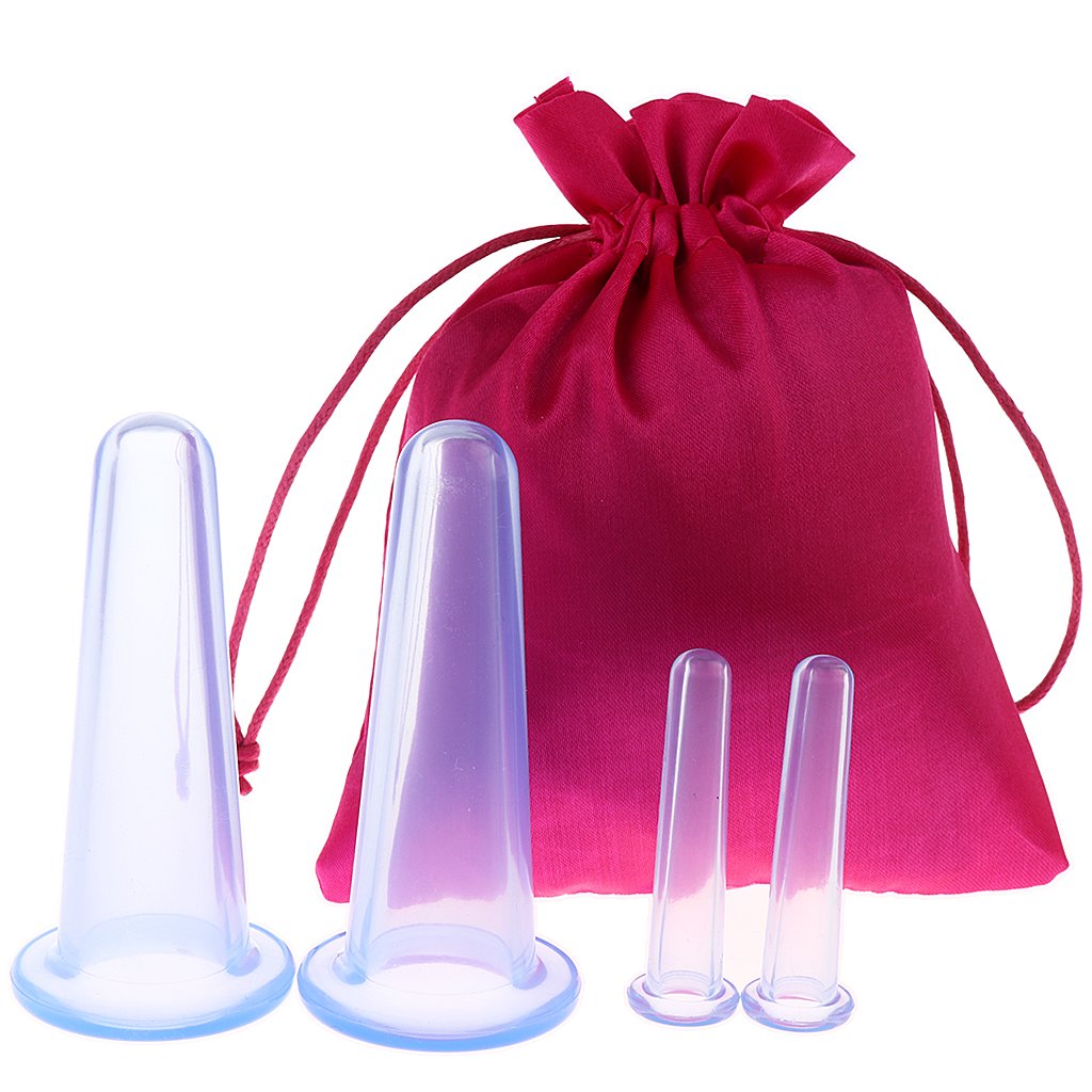 MAYCREATE 4pcs Silicone Vacuum Cupping Cups Massage Set with Bag Face Body Cups for Wrinkle Reducer,Collagen Stimulator,Pain Relief For Women Men