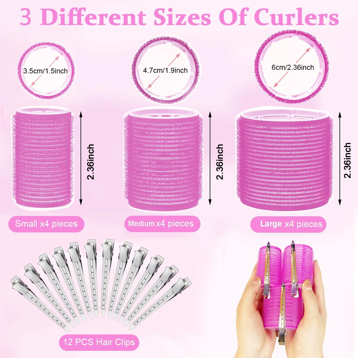 MAYCREATE Heatless Hair Curler Kit with 12 Rollers and 12 Bang Clips for Women | 3 Sizes