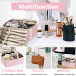 MAYCREATE Cosmetic Travel Bag for Women with Double Layer Wet Dry Separation | Pink PU 22.5×13×16cm Makeup Organizer