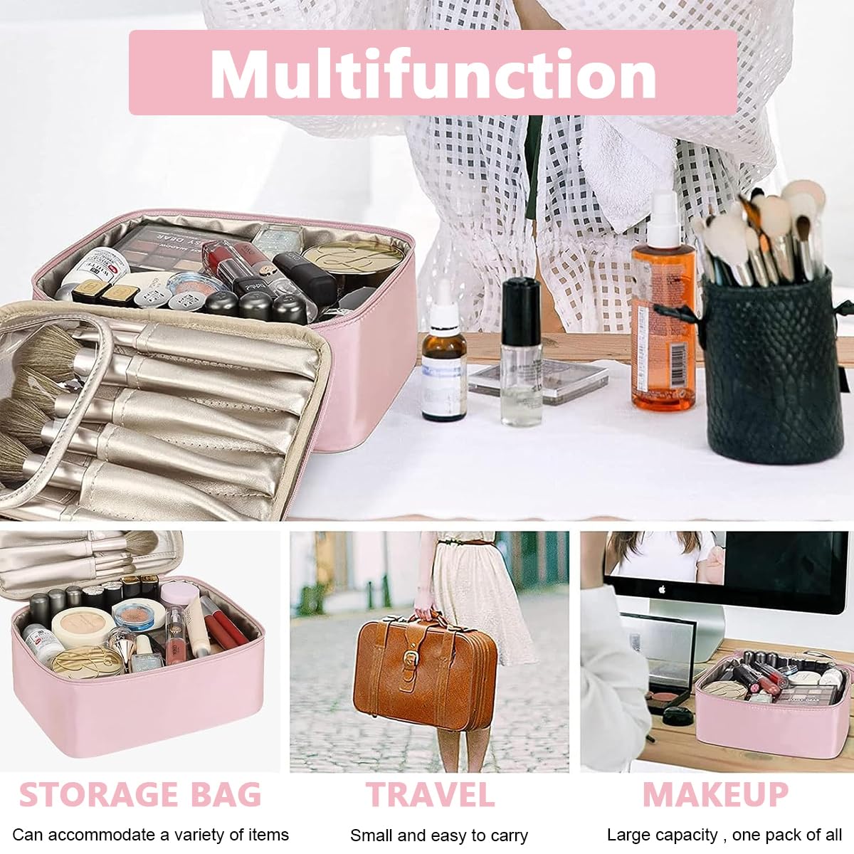 MAYCREATE Cosmetic Organizer Bag for women, Capacity Travel Makeup Pouch for Women Toiletry Bag for Girls Traveling With Handle and Divider, Pink