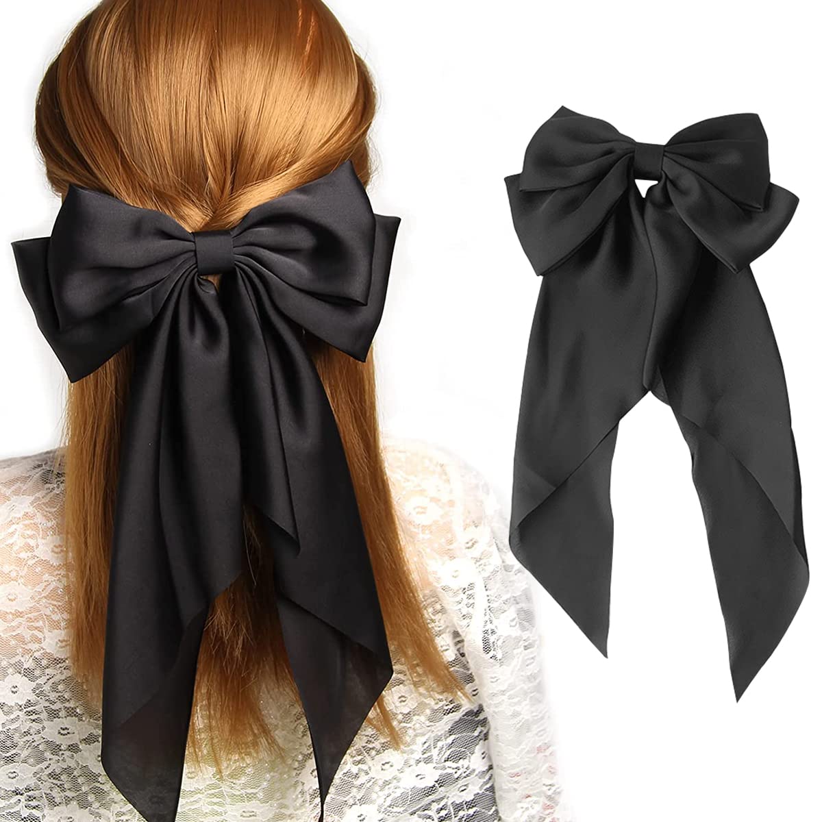 MAYCREATE Large Satin Hair Bows for Women Girls Silk-Like Stylish French Bow Hair Clip Bowknot Hair Barrettes Big Ribbon Bow with Long Tail (Black)