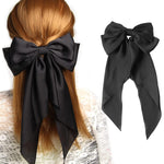 MAYCREATE Large Satin Hair Bows for Women Girls Silk-Like Stylish French Bow Hair Clip Bowknot Hair Barrettes Big Ribbon Bow with Long Tail (Black)