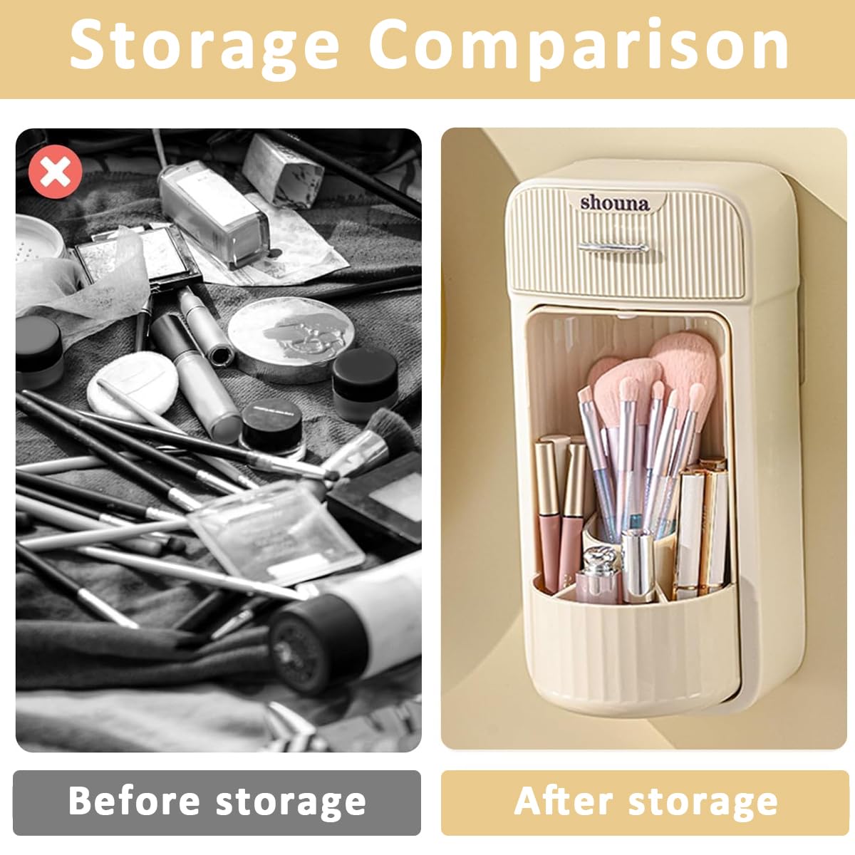 MAYCREATE Makeup Brush Holder with Drawer, Wall Mounted Makeup Brush Organizer, 360° Rotating Large Capacity Cosmetics Organizer Box for Countertop Vanity and Bathroom - Waterproof & Dustproof