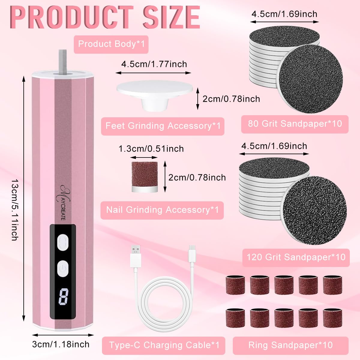 MAYCREATE Electric Foot Callus Remover for Pedicure with 9 Speed Control & 30PCS Sandpaper | Rechargeable Cordless Dual Head Nail File