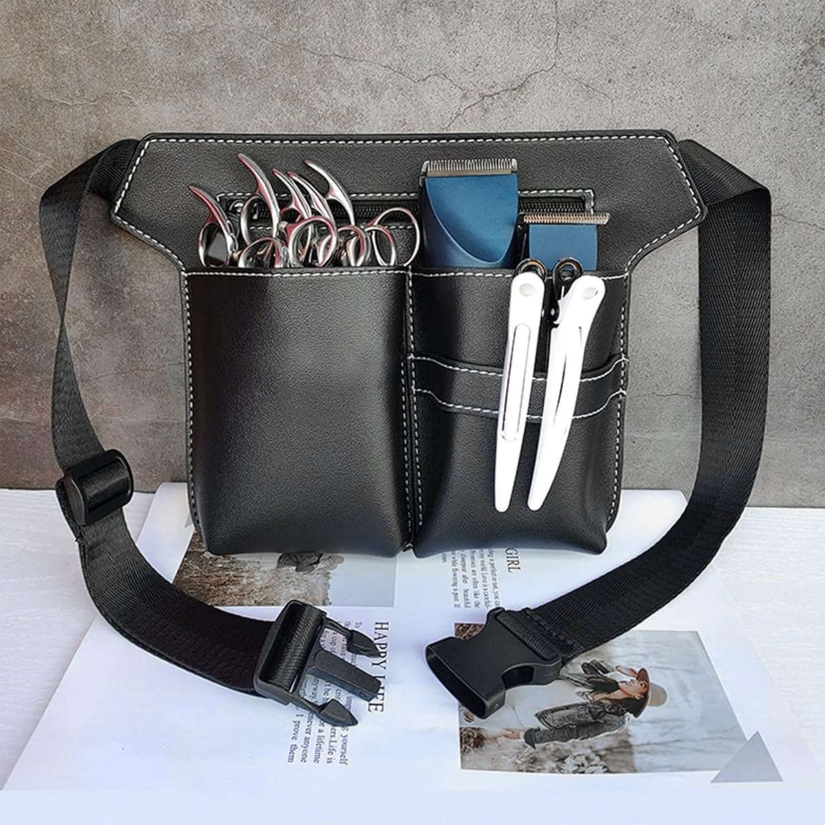 MAYCREATE Hairdresser Scissor Bag with 5 Sleeves and Adjustable Waist Belt | PU Leather Holster for Salon Tools