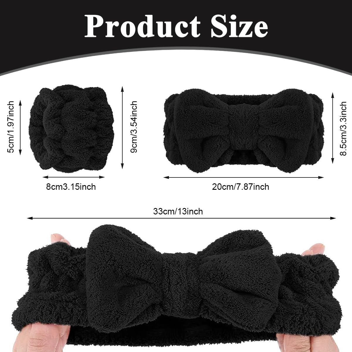 MAYCREATE 3 Pcs Facial Spa Headband Wristband Combo Set, Elastic Microfiber Face Wash Hairband Wrist Wash Bands for Face Washing, Makeup, Yoga, Fitness (B - Black)