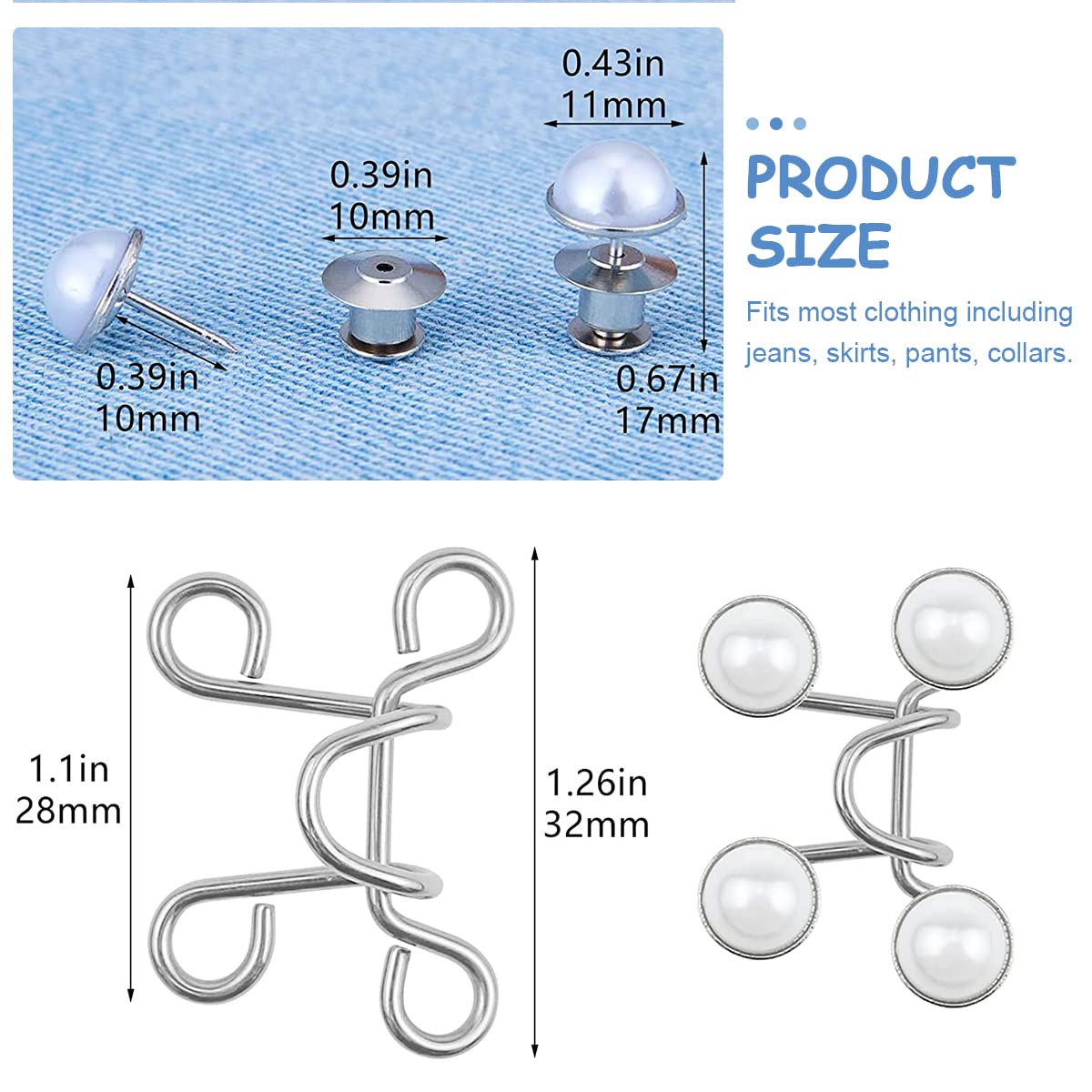 MAYCREATE 4Pcs Adjustable Waist Buckle for Loose Jeans Pants,Pearl Detachable Instant Jeans Button Pins Waist Tightener Set,Make the Waist Fit for Skirt Pants Robe,No Sewing Required