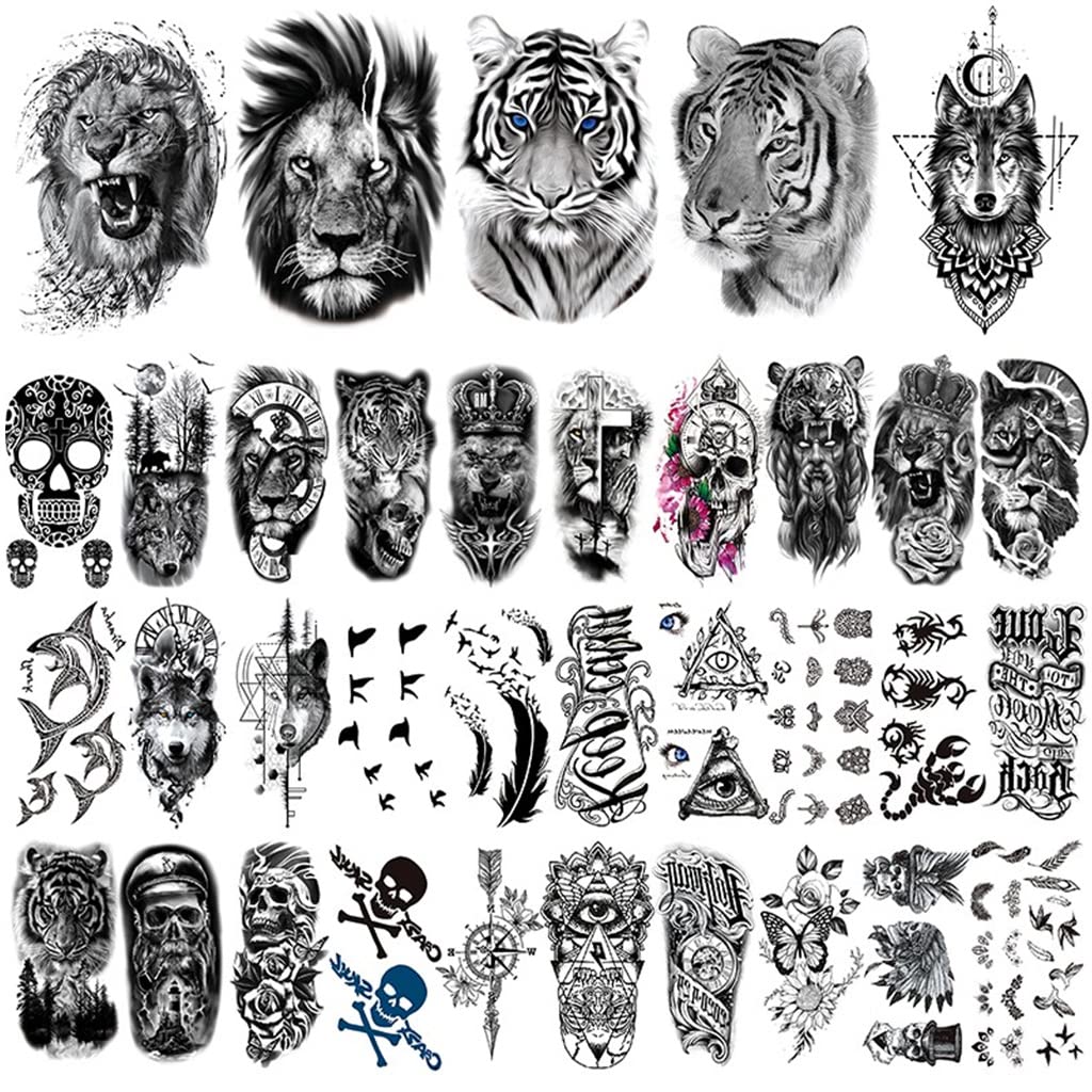 MAYCREATE Temporary Tattoo Stickers for Party and Body Art with 35 Sheets Waterproof Designs | Lion Tiger Wolf Patterns for Men